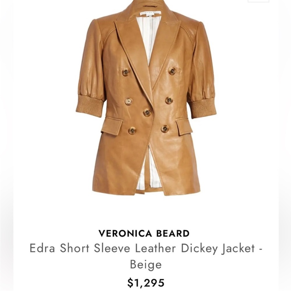 $1295 Veronica Beard Edra Camel genuine leather short sleeve Dickey jacket sz 6